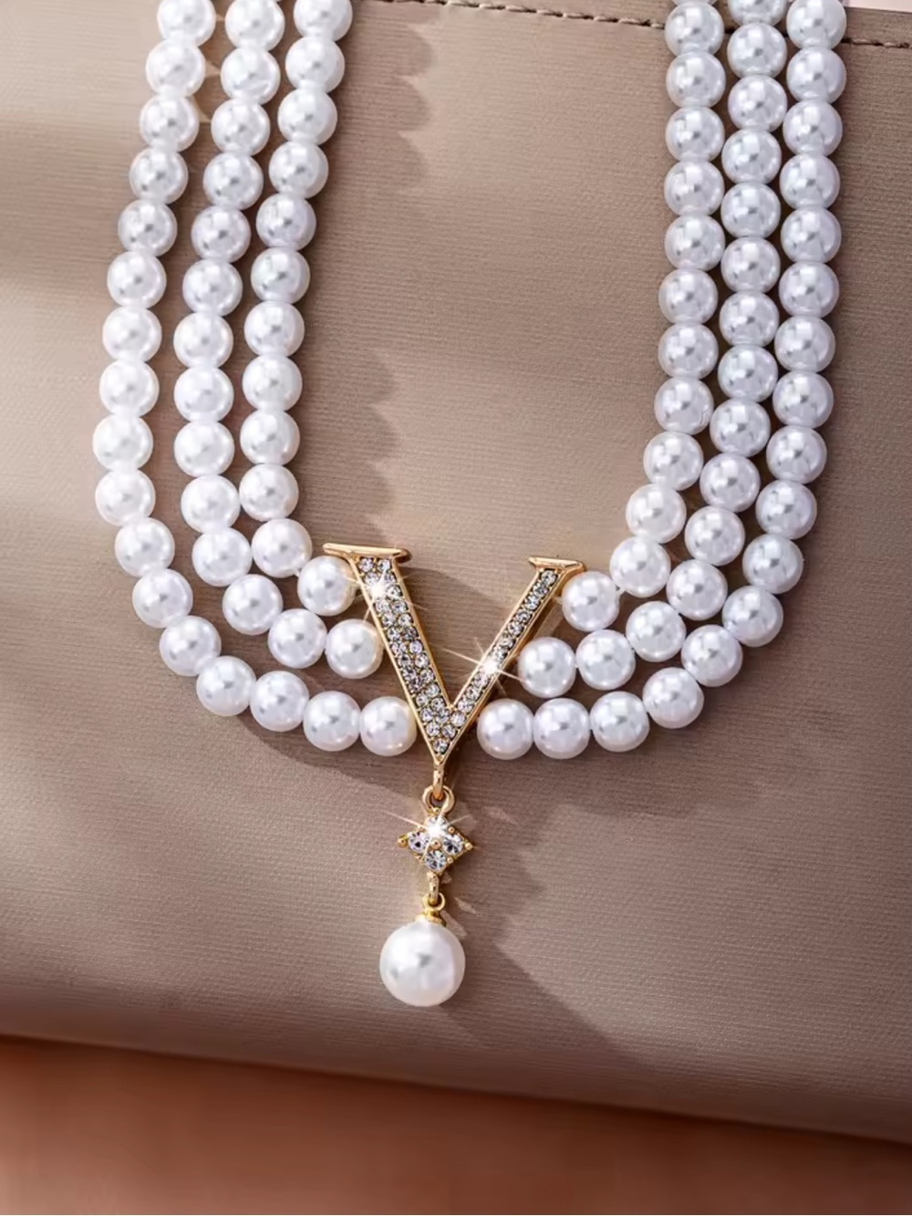 White Pearl Triple-Strand Choker with Gold V Pendant - Picture 4 of 8